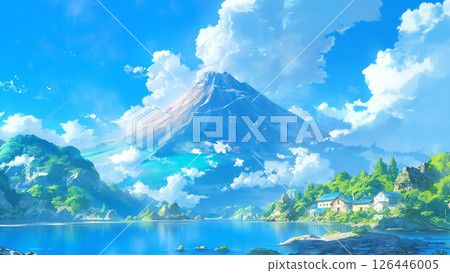 湖泊與火山景觀，動漫風格 126446005