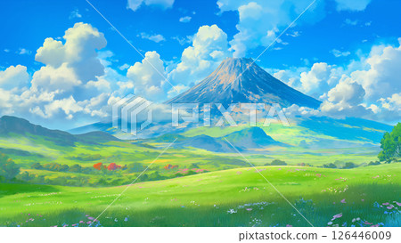 清爽的草原與火山景觀,動漫風格 清爽的草原與火山景觀,動漫風格 126446009