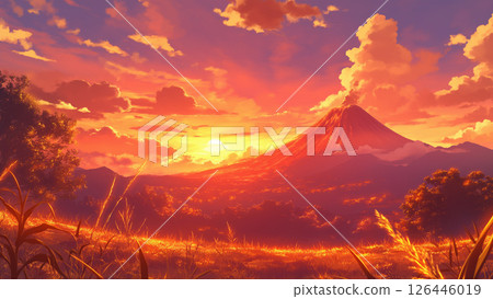 Evening volcano landscape, anime style 126446019
