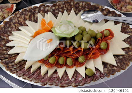 Classic Croatian starter plate with Fine Croatian sliced salami and cheese Classic Croatian starter plate with Fine Croatian sliced salami and cheese 126446101