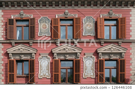 Old decorated house facade windows in Old Town. Maribor is the second largest city of Slovenia 126446108