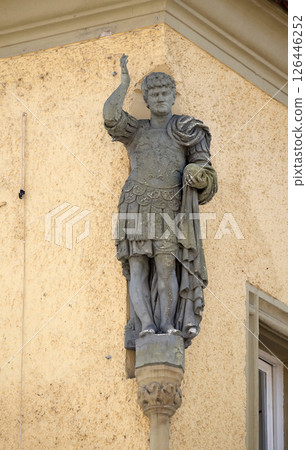 Statue of saint on the house facade in Ptuj, town on the Drava River banks, Lower Styria Region, Slovenia 126446252