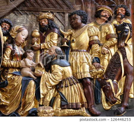 Nativity scene, adoration of the Magi, Maria am Berg church in Hallstatt, Austria Nativity scene, adoration of the Magi, Maria am Berg church in Hallstatt, Austria 126446253