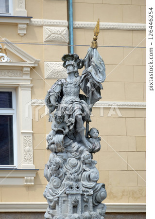 Saint Florian statue on the central square in Ptuj, town on the Drava River banks, Lower Styria Region, Slovenia 126446254