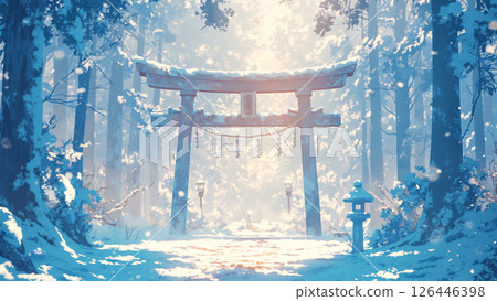 Scenery of a snow-covered torii gate, anime style Scenery of a snow-covered torii gate, anime style 126446398