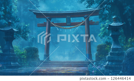 Scenery of a torii gate in the rain, anime style 126446414