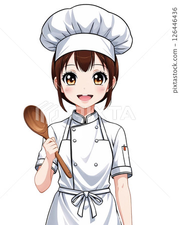 Illustration of a cute female chef holding a wooden spoon on a white background 126446436