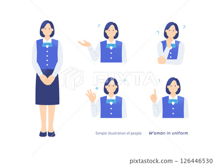 A woman in uniform. Illustration of a reception staff member at a hotel front desk or concierge. 126446530