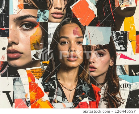 A collage of photographs of fashionable female models with cut-out letters, symbols, and geometric shapes scattered across them. 126446557