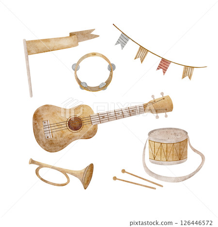 Watercolor illustration musical instruments, guitar, drum, trumpet, tambourine, garland, flag. Hand drawing isolated on background in retro style for the design of postcards, posters, birthday holiday Watercolor illustration musical instruments, guitar, drum, trumpet, tambourine, garland, flag. Hand drawing isolated on background in retro style for the design of postcards, posters, birthday holiday 126446572