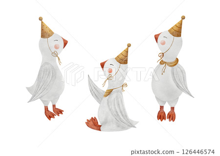 Watercolor baby geese, goslings in a party cap, different poses. Illustration hand-drawn isolated on background in a children's style for design postcards, posters, dishes, clothes, birthday, holiday 126446574