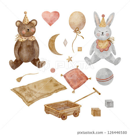 Watercolor illustration retro baby toys, bear, rabbit, cart, mattress, pillow, cubes, ball hand drawing isolated on white background for children's postcards, clothes, holiday, invitations, birthday 126446580