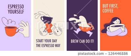 Hand drawn coffee quote posters with cute cartoon characters 126446886