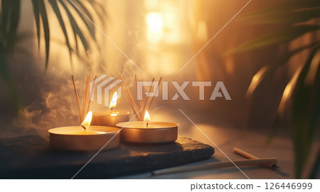 Warm serenity of flickering tealight candles illuminating a peaceful zen space with soft natural light and aromatic incense sticks. Spa accessory composition set in spa hotel Warm serenity of flickering tealight candles illuminating a peaceful zen space with soft natural light and aromatic incense sticks. Spa accessory composition set in spa hotel 126446999