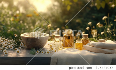 Serene outdoor setting with aromatic oils and fresh chamomile for a relaxing natural skincare and aromatherapy experience. Spa accessory composition set in spa hotel Serene outdoor setting with aromatic oils and fresh chamomile for a relaxing natural skincare and aromatherapy experience. Spa accessory composition set in spa hotel 126447032