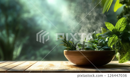 Fresh aromatic herbs in steam rising wooden bowl outdoors with lush greenery and sunlight illuminating the refreshing garden scene. Spa accessory composition set in spa hotel 126447036