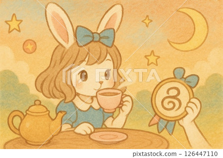 Rabbit and cat drinking tea 126447110