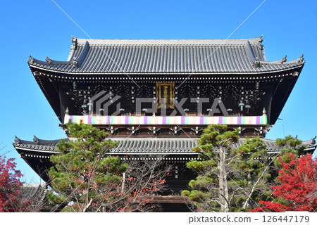 The gate of Konkai-Komyoji Temple stands out against the blue autumn sky 126447179