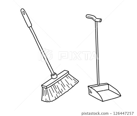 Cleaning brush and dustpan hand drawn illustration in doodle style. Vector line art sketch. 126447257