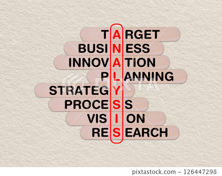 concept word analysis, crossword written on wooden stick, business analysis concept with copy space concept word analysis, crossword written on wooden stick, business analysis concept with copy space 126447298