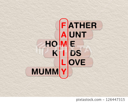 concept word family, crossword written on wooden stick, business family concept with copy space concept word family, crossword written on wooden stick, business family concept with copy space 126447315