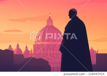 Silhouette of Pope Francis, pontiff, with St. Peter's Basilica in the background, vector digital illustration, morning or evening pink light 126447414