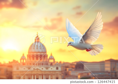 The death of Pope Francis, the pontiff, a white dove against the backdrop of St. Peter's Basilica, morning light and an atmosphere of serenity and peace. 126447415