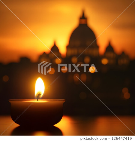 Vatican City, burning candle late at night with St. Peter's Basilica in the background, the death of the pope pontiff, grief and pain of loss Vatican City, burning candle late at night with St. Peter's Basilica in the background, the death of the pope pontiff, grief and pain of loss 126447419
