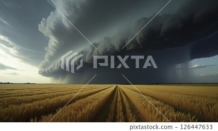 A powerful storm front moves across a golden wheat field under a dramatic sky 126447633
