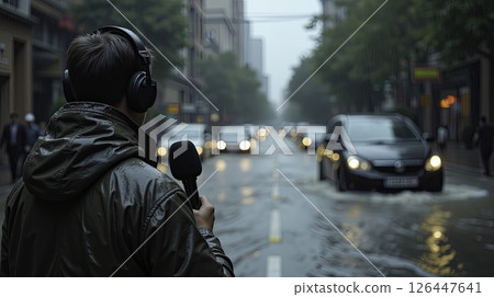 Field reporter covering urban flooding during rainfall 126447641