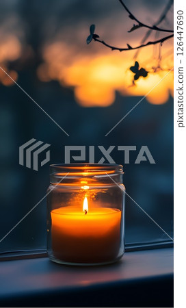 Vertical photo with a burning candle on the windowsill, power outage, dark autumn night cozy atmosphere 126447690