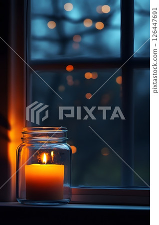 Vertical photo with a burning candle on the windowsill, power outage, dark autumn night cozy atmosphere 126447691