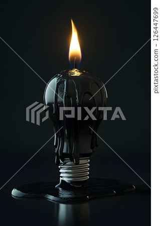 black wax candle in the shape of a lamp symbolizing the global blackout in Europe, alternative energy sources, emergency situation 126447699