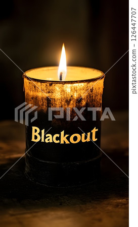 burning candle with the text "blackout", blackout in Europe, darkness, dark room 126447707
