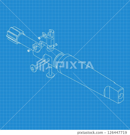 Mechanical engineering drawings. Tap tools, borer. Technical Design. Cover. Blueprint. Step Cutting Tool with Countersinking Function. Technical 3D Vector Illustration 126447719