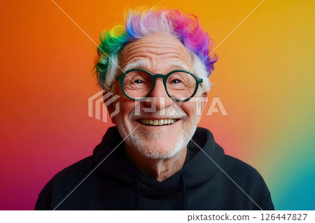 Portrait of an older informal gay man with youthful colorful hairstyle, pride month, LGBT community, freedom flag 126447827