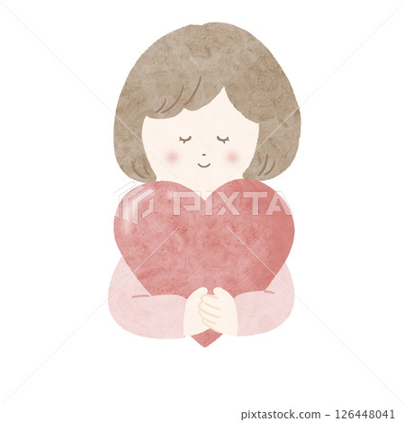 Girl holding a red heart, pink, watercolor, no main line 126448041
