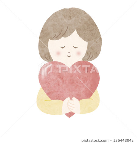 Girl holding a red heart, yellow, watercolor, no main line 126448042