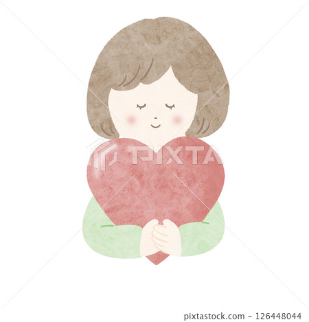 Girl holding a red heart, green, watercolor, no main lines 126448044