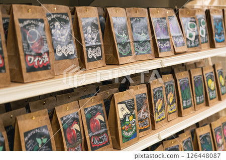 Hot spring salts lined up in a souvenir shop Hot spring salts lined up in a souvenir shop 126448087