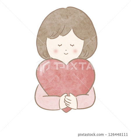 Girl holding a red heart, pink, watercolor, with main lines 126448111