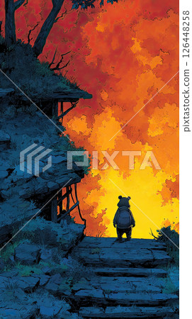 Bear backpack stone stair autumn sunset forest silhouette adventure peaceful Bear backpack stone stair autumn sunset forest silhouette adventure peaceful 126448258