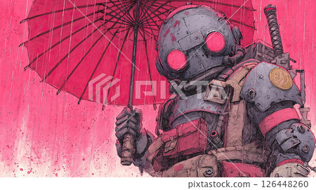 Cybernetic warrior robot umbrella pink rain futuristic armor emotional Cybernetic warrior robot umbrella pink rain futuristic armor emotional 126448260