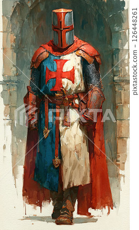 Medieval knight armor red cape cross helmet standing stone archway watercolor 126448261