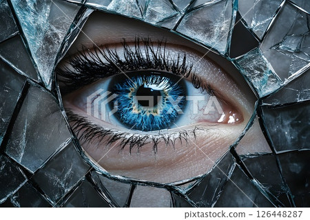 Close-up of a woman's blue eye in a broken mirror, depression, anxiety disorder, mental health 126448287