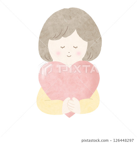 Pink heart holding girl yellow watercolor pastel no main line 126448297