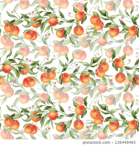 Seamless pattern with watercolor illustration of grapefruit with pink flowers. Hand painted print with grapefruit branche with green leaves on isolated. Citrus food for wrapping paper, textile design 126448465