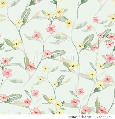 Coral pink and yellow color flowers and green leaves watercolor seamless pattern on white background. Soft pastel colors water color for beauty products or other. Hand drawn illustration isolated. Coral pink and yellow color flowers and green leaves watercolor seamless pattern on white background. Soft pastel colors water color for beauty products or other. Hand drawn illustration isolated. 126448469