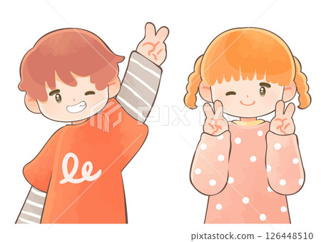 Children winking and making peace signs: Boy and girl Children winking and making peace signs: Boy and girl 126448510