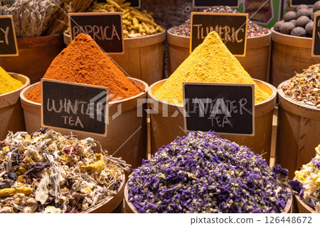 Spices and dried flowers for sale at the bazaar 126448672